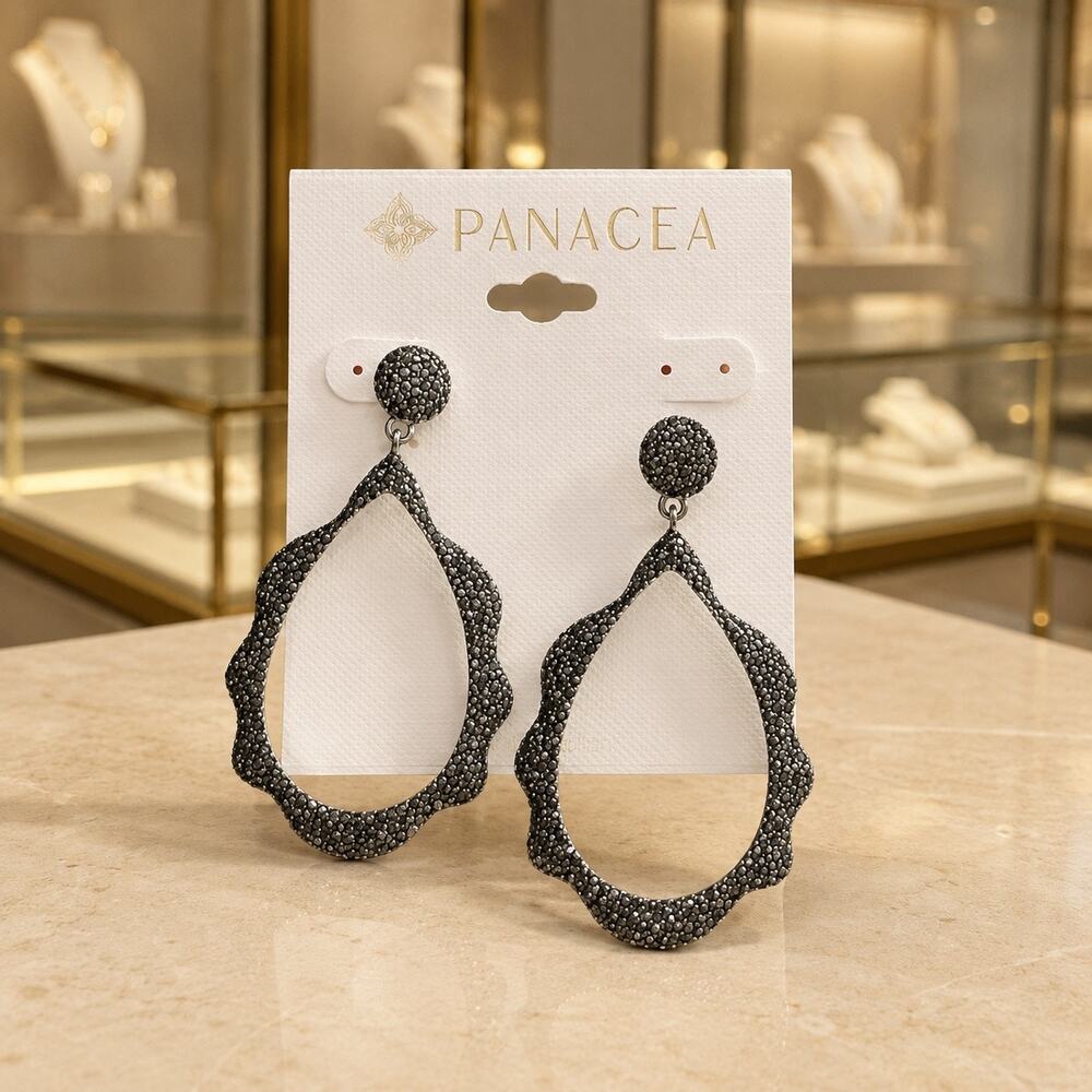 Panacea Hematite Silver Tone Statement Drop Earrings Textured Teardrop NWT Chic